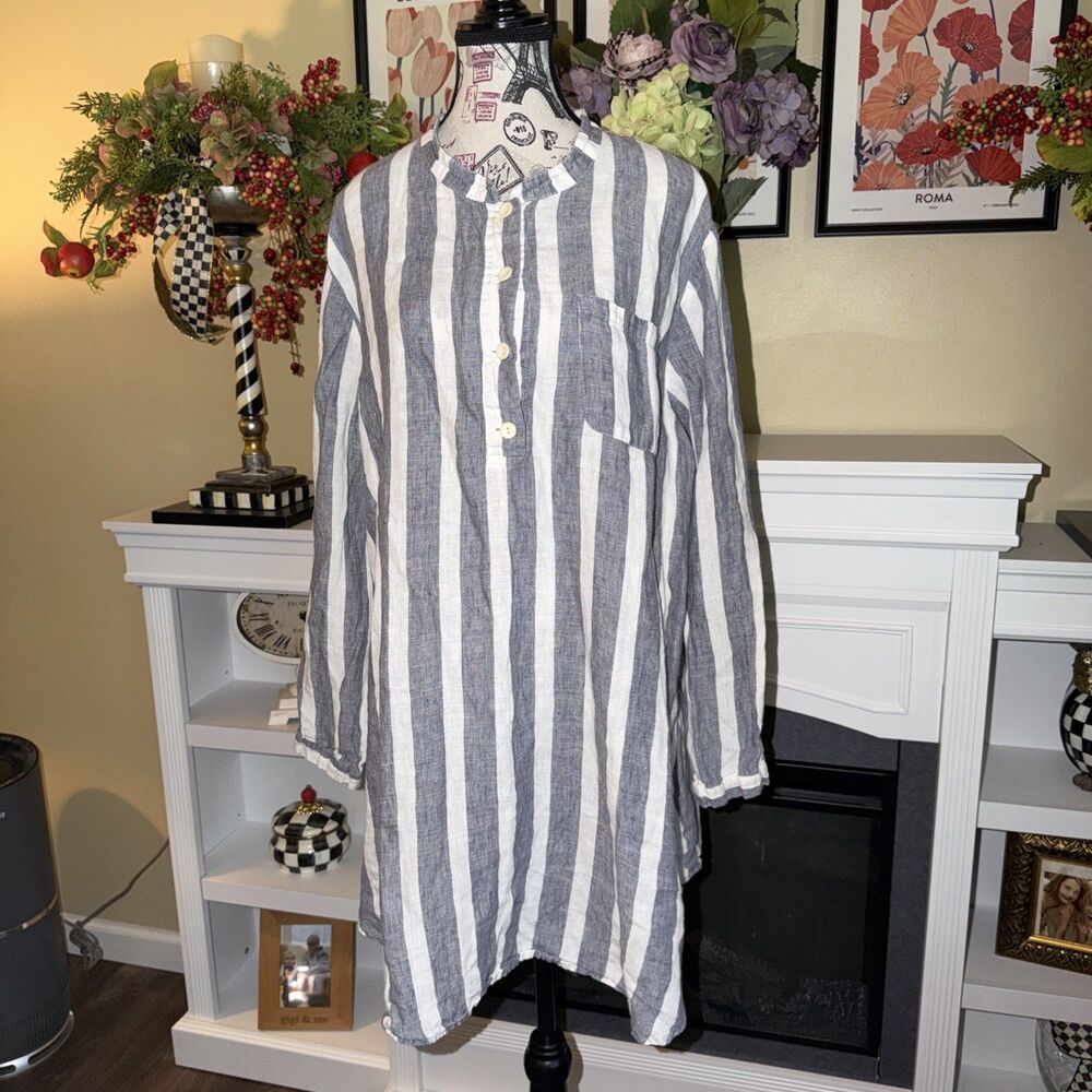 Flax Top Womens Medium M Tunic Dress Linen Stripe Blue White Boho Lagenlook